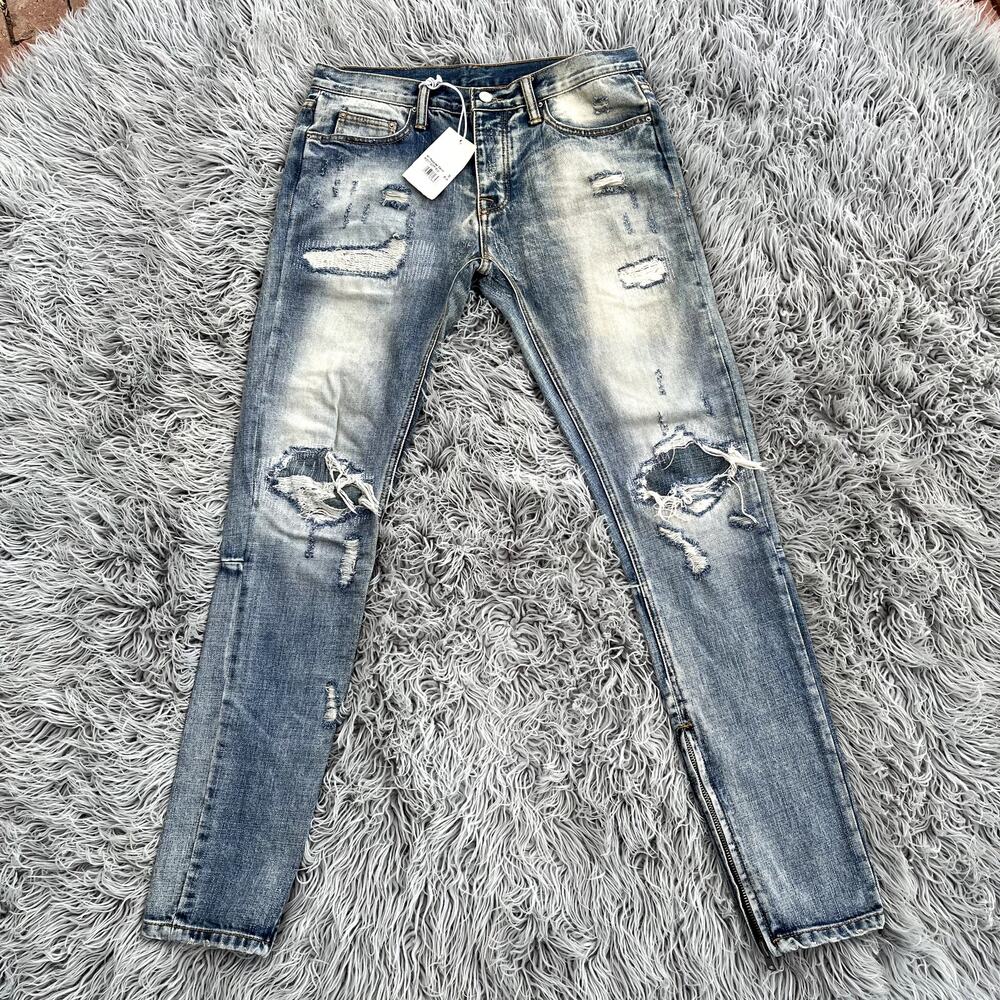 MNML Men's M1 Repaired Denim Blue Ankle Zipper Skinny Jeans Button Fly Mens 32